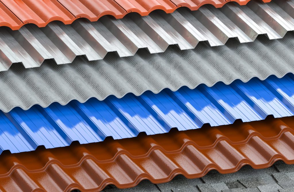Different types of roof coating. Background from layers of sheet metal  profiles, ceramic tiles, asphalt roofing shingles and gypsum slate. 3d illustration